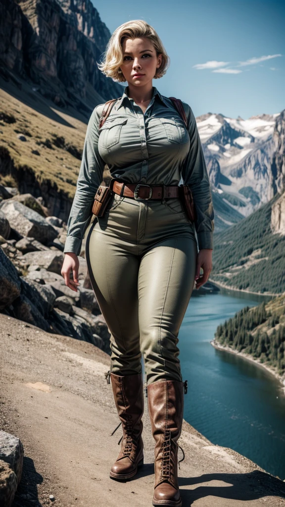 1940s art post, pinup, thicc, Short Blonde hair, 30 years old woman, semi athletic body, 5 foot height, light blue eyes, gray skin tight shirt, khaki tight pants, tactical belt, boots, standing in the mountains, masterpiece, high quality, crazy details, 8k uhd, photorealistic, dramatic lighting