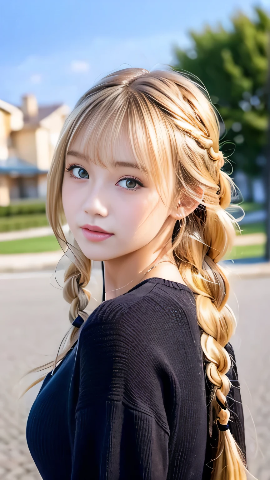 Sexy Big 、Sexy cute looks and cute beautiful girl, beautiful and sexy face、A strong wind blows my hair in front of my face、beautiful long blonde French braided hair、beautiful, Cute and sexy eyes hidden behind long bangs
