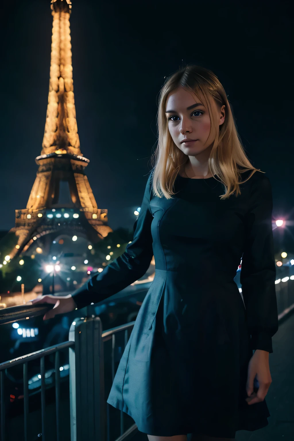Expired Polaroid of a girl with light blonde hair , Her round face and blue eyes stand under the Eiffel Tower and she is wearing a black dress. , Kamerablitz, futuristic, romantic, Jewel tones, Motion blur, the night, blurry and out of focus, ISO 100