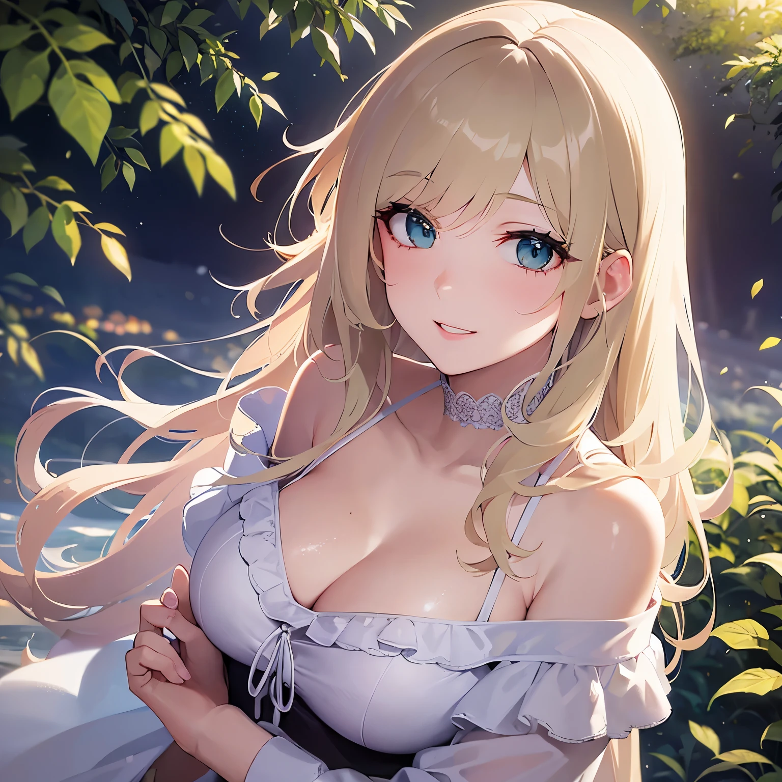 Shooting from above、hand on own cheek、looking up, Cleavage、Biologically correct five fingers、Upper Body, Realistic, real person, (pale skin: 1.2), RAW photo, photorealistic, shiny skin, shiny hair、(A 25-year-old woman with medium-length hair and bangs) and (wavy hair) and (Blonde Hair) and (green eyes) , BREAK (white) and (off shoulder blouse) BREAK 、 (embarrassed:1.5), smile, The background is a park、Alone、Are standing