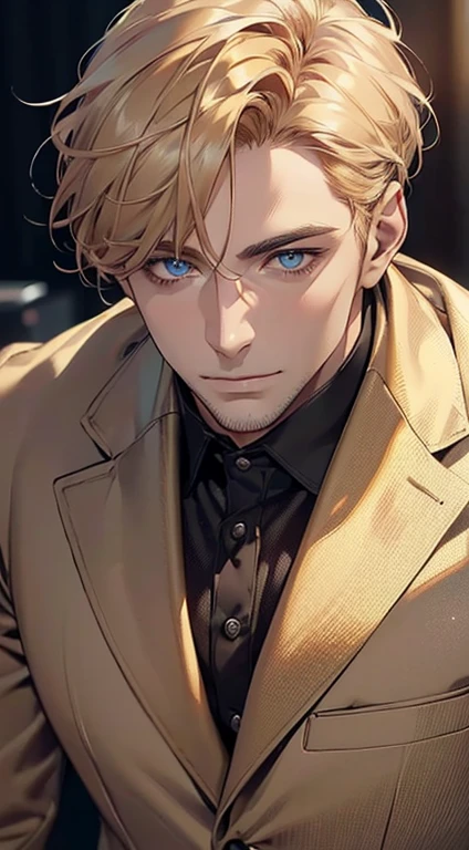 (best quality,4k,8k,highres,masterpiece:1.2),ultra-detailed,(realistic,photorealistic,photo-realistic:1.37),1 man,31 years old,mature man,very handsome,without expression,smile,short golden hair,blue eyes,penetrating gaze,perfect face without errors,imposing posture,businessman,office background,cinematic lighting,hdr image