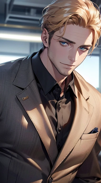 (best quality,4k,8k,highres,masterpiece:1.2),ultra-detailed,(realistic,photorealistic,photo-realistic:1.37),1 man,31 years old,mature man,very handsome,without expression,smile,short golden hair,blue eyes,penetrating gaze,perfect face without errors,imposing posture,businessman,office background,cinematic lighting,hdr image
