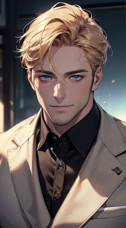 (best quality,4k,8k,highres,masterpiece:1.2),ultra-detailed,(realistic,photorealistic,photo-realistic:1.37),1 man,31 years old,mature man,very handsome,without expression,smile,short golden hair,blue eyes,penetrating gaze,perfect face without errors,imposing posture,businessman,office background,cinematic lighting,hdr image
