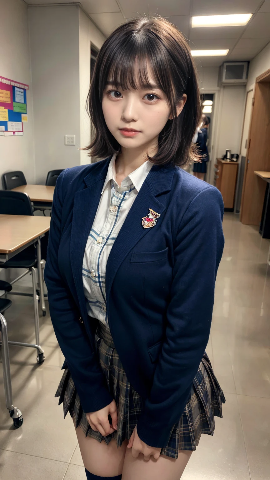 masterpiece, best quality, illustration, Super detailed, fine details, High resolution, 8K,wall paper, perfect dynamic composition,(Details High quality, realistic depiction of eyes:1.3), (wavy hair:1.2), High School Classroom、High school girl uniform、blazer 、Super Short Check Uniform Skirt、Navy blue high socks、garterbelts、Colossal tits、Disturbed uniform, short bob hair, black hair color, large breasts, Big Natural Color Lip, bold sexy pose, (perfect body shape), crying a little、Harajuku style、20 year old girl、cute type, beautiful legs, hposing Gravure Idol, Voluptuous thighs, Accurate anatomy、Ultra-high definition beauty face、Ultra HD Hair、Ultra HD The Shining Eyes、The Shining, Super high quality beautiful skin、Super high quality glossy lip