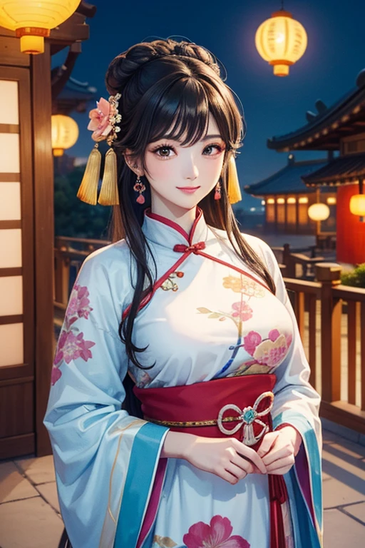 ( High resolution、 Super detailed)、masterpiece、Highest quality、High resolution、8k、Realistic skin texture、 Young and beautiful woman、Beautiful Face、Beautiful Face、Pretty lips、Ample breasts、Balanced style、Hair styled in a bright-colored round bun、Smiling eyes、Hanfu、Walking、Cowboy Shot、background、Buildings from the Tang Dynasty、The city of Chang'an during the Tang Dynasty in China、river view、Night view、Flower garden、Peach Blossom、Lantern Light、Detailed CG、