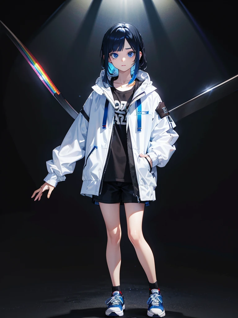 Black background with spotlight, Long eyelashes, Odd Eye（Blue eyes and rainbow eyes）,１people, Young face, White jacket,Medium Hair, I wore shorts、Wear sneakers、Black hair with blue highlights, whole body