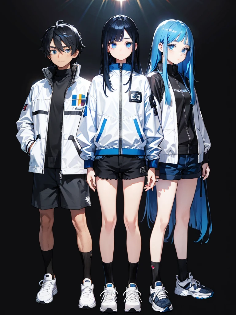Black background with spotlight, Long eyelashes, Odd Eye(Blue eyes and rainbow eyes),1people, Young face, White jacket,Medium Hair, I wore shorts、Wear sneakers、Black hair with blue highlights, whole body