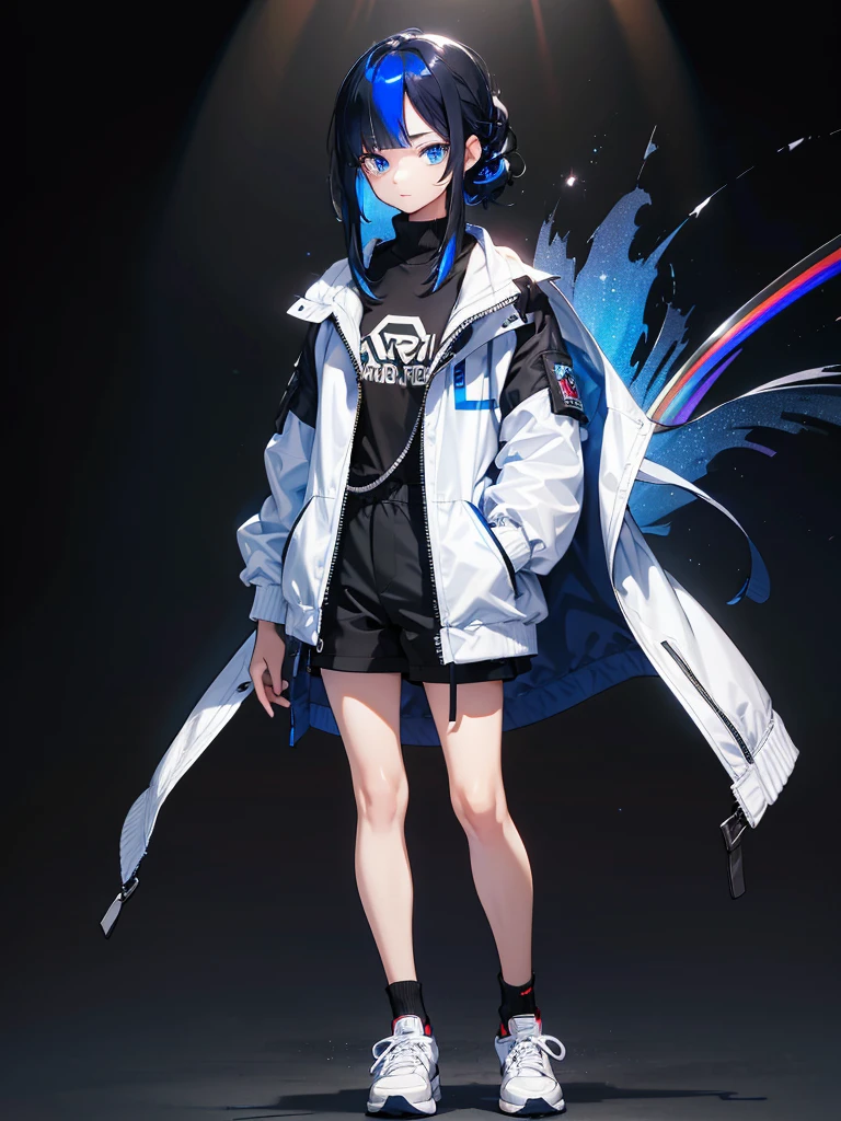 Black background with spotlight, Long eyelashes, Odd Eye（Blue eyes and rainbow eyes）,１people, Young face, White jacket,Medium Hair, I wore shorts、Wear sneakers、Black hair with blue highlights, whole body