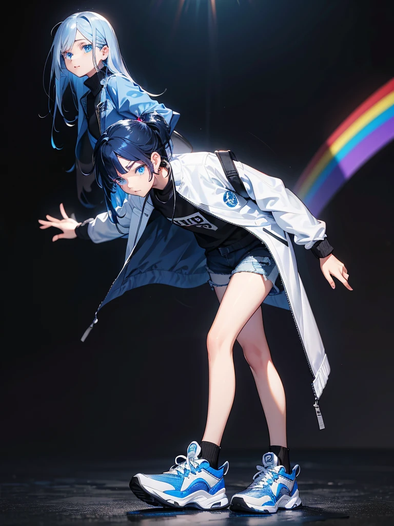 Black background with spotlight, Long eyelashes, Odd Eye(Blue eyes and rainbow eyes),1people, Young face, White jacket,Medium Hair, I wore shorts、Wear sneakers、Black hair with blue highlights, whole body