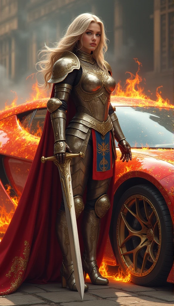 a beautiful female knight ready for battle, stands near her loyal car, a mature female paladin knight, holy warrior, ((full body: 1.5)), ((anatomically correct: 1.5)), (ultra detailed face: 1.5), ((best detailed face: 1.5)), dynamic eye color, dynamic hair color, dynamic hair style dynamic skin complexion, holding a radiant sword, holy sword, divine sword, wearing intricate armor, wearing high heeled boots, BREAK standing near her car, divine car, magical car, ready to battle car, car wreathed in flames, holy intricate runes, slick car, vibrant, Ultra-high resolution, High Contrast, (masterpiece:1.5), highest quality, Best aesthetics), best details, best quality, highres, 16k, (ultra detailed: 1.5), masterpiece, best quality, (extremely detailed) RAW, (ultra details, Masterpiece, best quality), Cinematic Hollywood Film, Intense gaze