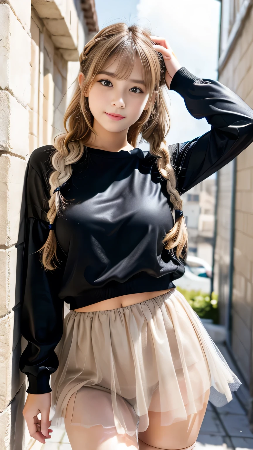 Sexy cute looks and cute 15 year old beautiful girl, Beautiful and sexy face、A strong wind blows my hair in front of my face、Blonde French braids with cute and sexy eyes hidden by long bangs、Tulle miniskirt