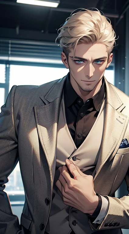 (best quality,4k,8k,highres,masterpiece:1.2),ultra-detailed,(realistic,photorealistic,photo-realistic:1.37),1 man,31 years old,mature man,very handsome,without expression,smile,short grey golden hair,blue eyes,penetrating gaze,perfect face without errors,imposing posture,businessman,office background,cinematic lighting,hdr image