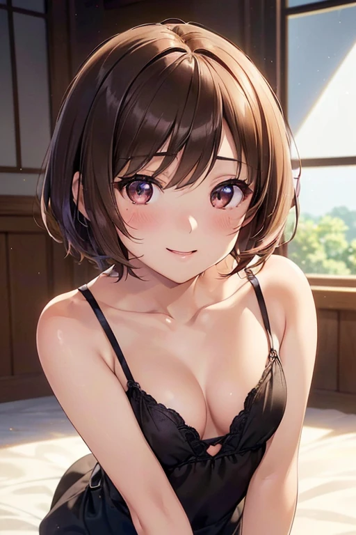 anegasaki nene、Shiny brown hair, short hair, (Beautiful brown eyes、Sparkling eyes, Fine grain)、smile、Ultra-detailed eyes、Highly detailed face, Highly detailed eyes,



( alone, alone),, short hair, , ((alone, (1 Female, , Soft indirect lighting, 4K, Perfect Eyes, Perfect Face, Perfect lighting, a One person)), 
((Anime screenshots,short hair, skinny, absurisres , One person, Small breasts, alone, Cleavage, Open your mouth, View your viewers, smile, leaning forwaris, from the front, isownblouse, blush, clavicle, low-tieis, short hair, Small breasts, heart, off shouliser, Small breasts, :is, It&#39;s about the size of a camel&#39;s toe., Visible Cameltoe, Same color as the shorts))