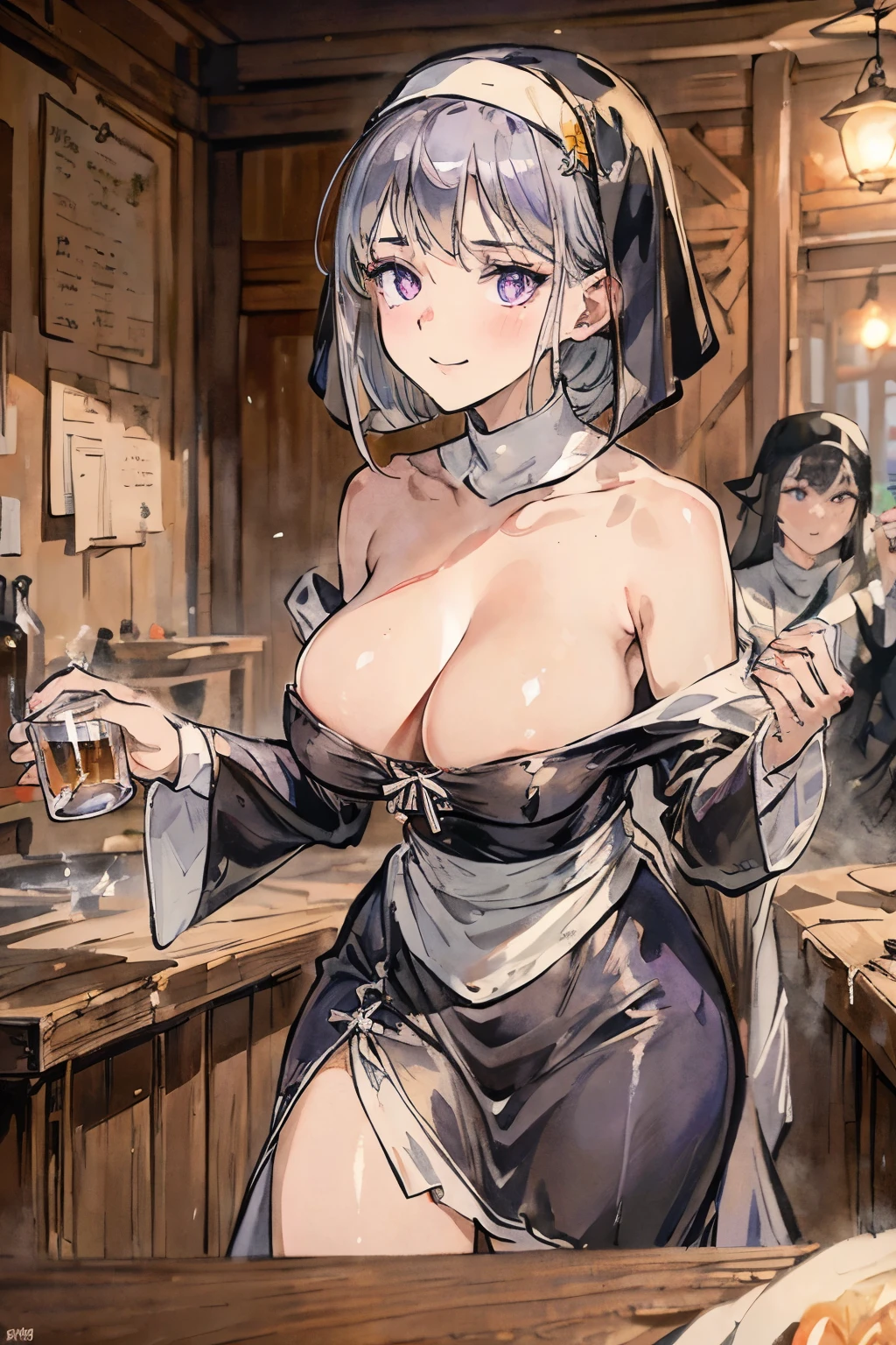 masterpiece, best quality, ultra-detailed, glistening shiny, glowing light, ray tracing, HDR, (perfect face, detailed face, detailed eyes), 8k,HD,ultra realistic face, ray tracing, perfect lighting, best quality, ultra-detailed, High resolution, Full body, Description Girls, detail hands, Detail fingers, Detail Face, cute face, detail legs, overdetailed art, Fine details, ((silver hair)), purple eyes, ((wavy hair)), (bobcut), (medium breast), oily skin, ((nun)), open back, (drinking), ((in tavern)), (Crowded), people, smile