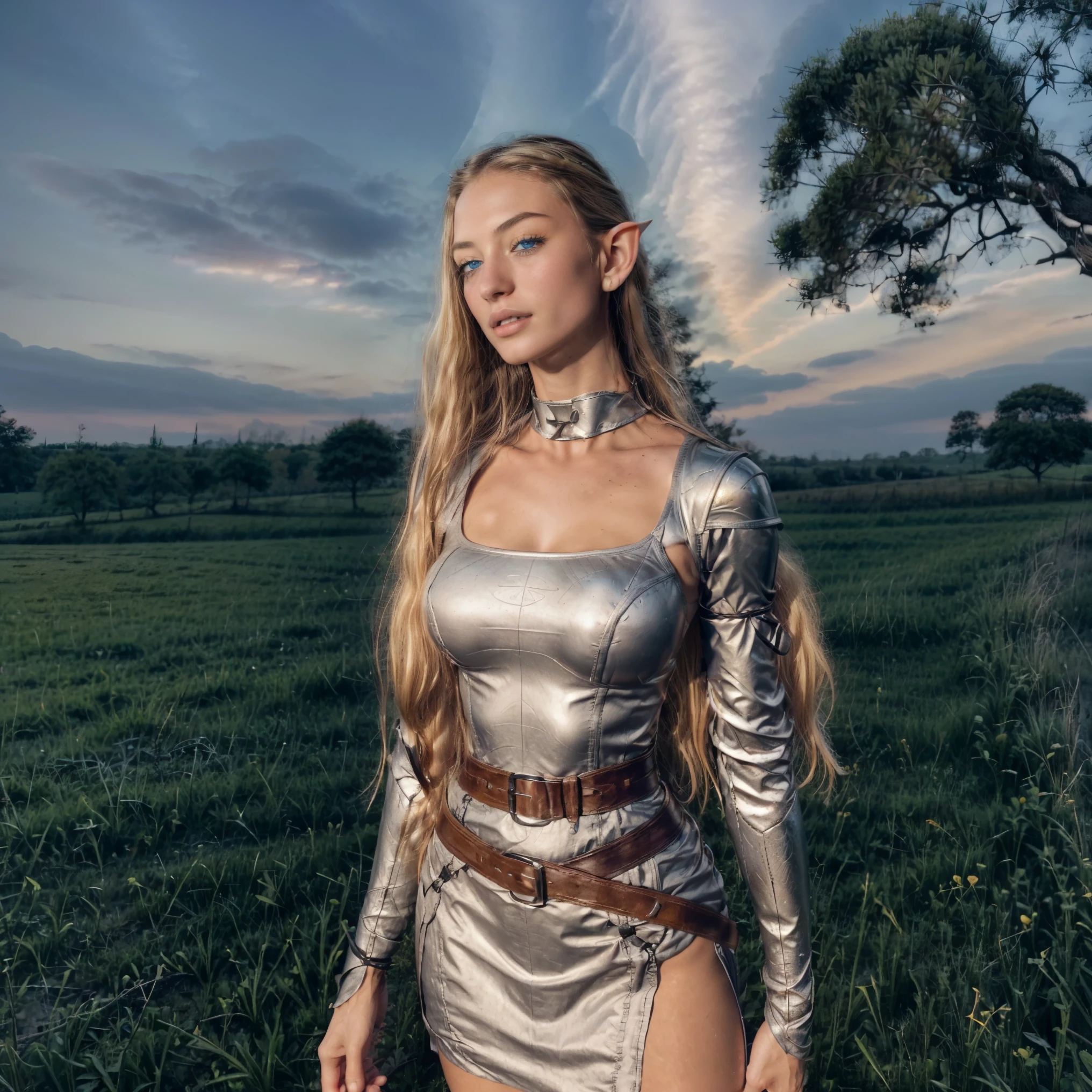 (Best Quality), (ultra-detailliert), (master piece), (hight resolution), (Original), (the Extremely Detailed CG Unity 8K Wallpapers), [:(Face detail: 1.4): 0.4], 16K resolution, 1 girl, 18 years young, medieval setting, (detailed elf ear, elven featured face, beautiful light blue eyes, long blond hair), (iron armor, elegant cuirass, elven design), elfen armor, (oak forest, sunset background, giant oak tree), skintight armor, wearing black neckband, beautiful silver braclets, knik hips, slim waist, slim body, wears wide silver hip belt with silver buckle, hip belt is adjusted too tightly, hip belt cuts into waist, close up poertrait