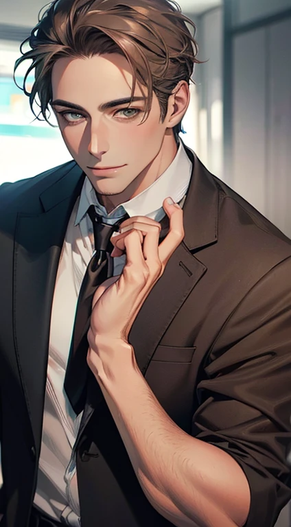 (Highest quality,4K,8K,High resolution,masterpiece:1.2),Super detailed,(Realistic,photoRealistic,photo-Realistic:1.37),1 person,34 years old,Mature Men,Beautiful skin、very handsome,Expressionless smile in love,Short gray brown hair,green eyes,Sharp Eyes,A perfect face without a doubt,Businessman, CEO, Office Background,Cinema Lighting,HDR image,tie、