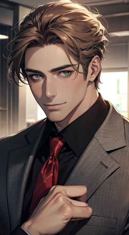 (Highest quality,4K,8K,High resolution,masterpiece:1.2),Super detailed,(Realistic,photoRealistic,photo-Realistic:1.37),1 person,34 years old,Mature Men,Beautiful skin、very handsome,Expressionless smile in love,Short gray brown hair,green eyes,Sharp Eyes,A perfect face without a doubt,Businessman, CEO, Office Background,Cinema Lighting,HDR image,tie、