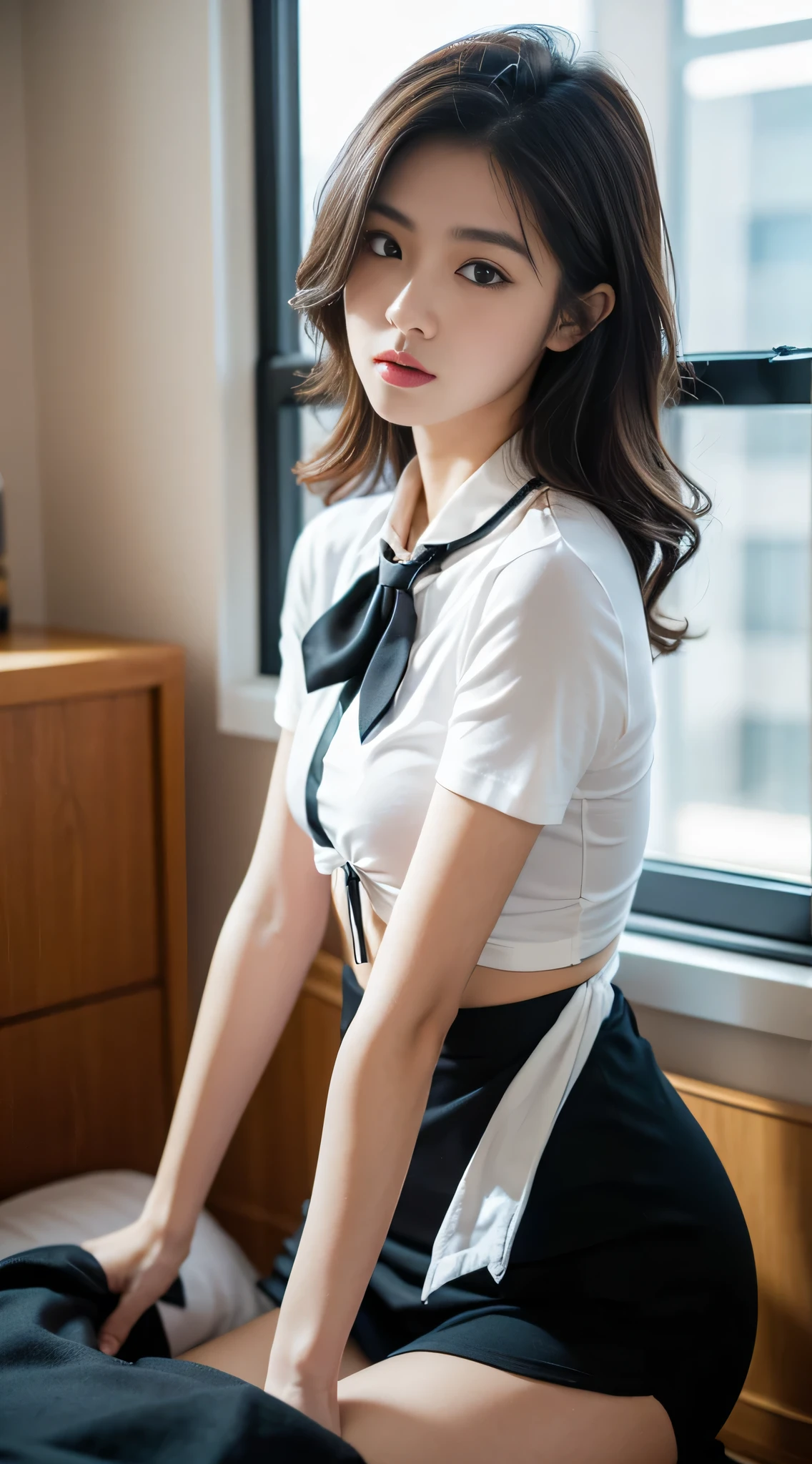 (8K,best quality,masterpiece:1.2),(Indeed,Practical:1.4),(RAW photos),Perfect details,18-year-old South Korean female model,Korean beauty,Oval face,Wavy hair,Pure desire,((Upper Body:5-point shirt,Black shirt,(Small red tie),Short sleeve,Crop Topping)),(Private parts:Skirt that fits the hips tightly,Black),Wear pantyhose and sneakers,Chest이 크다,Chest,Buttocks lift,hotel,Guest room,window,Get on all fours