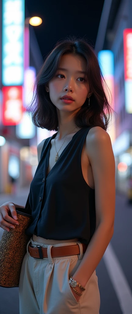 (32K:1.9, Highest quality, masterpiece, Ultra-high resolution), Highly detailed skin and facial textures:1.2, Perfect dynamic composition:1.2, (A modern street corner at night, Expressions of sadness:0.7), young japanese office lady:1.0, Fair skin, Perfect Style:1.0, beautifully、beautiful, Very beautiful face:1.0, Sexy beauty, (Linen pants:1.0, Sleeveless blouse:1.0), Woven Belt, (Shapely breasts, Chest gap), (Big eyes that exude beautiful eroticism, Lips that exude beautiful eroticism), (Too erotic, charm), Full body portrait, Shoulder bag, necklace, Earrings, bracelet, clock, ribbon
