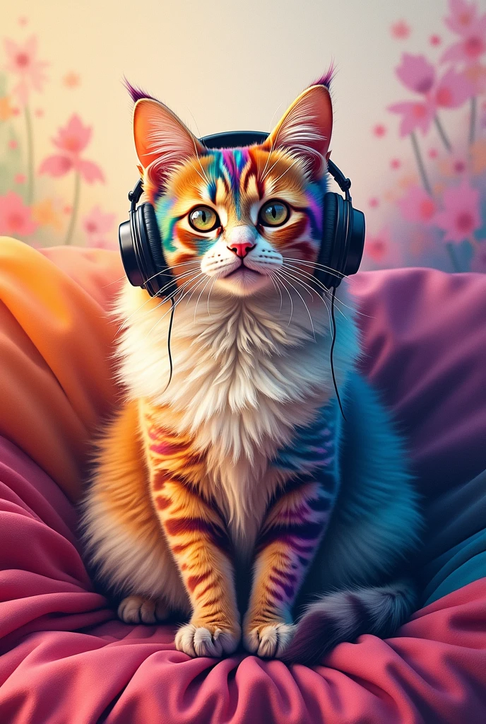 Fluffy cozy Cat portrait multi coloured covers by abstract art type and put different shades headphones is canvas painting