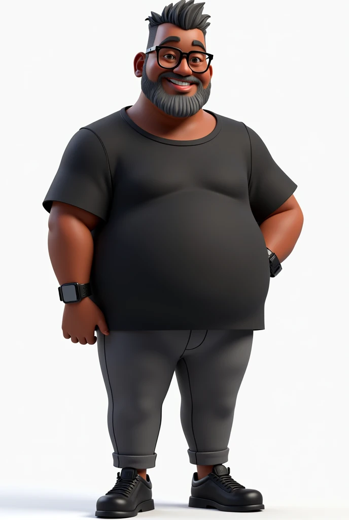 Create a full-body stylized 3D cartoon character of a middle-aged black man'. The character should have exaggerated proportions, with the head occupying 70% the height of the image and the body that makes up the remaining 30% of the total height of the image, typical of a fun and playful cartoon style. Render the character in a style 'Pixar-like' ou '3D Cartoon', using the engines 'Arnold Maya' ou 'Keyshot Toon' to ensure high quality animation. Ensure your render includes detailed textures, a smooth, polished finish, and vibrant colors.
Create a full-body stylized 3D cartoon character of a middle-aged black man'. The character should have exaggerated proportions, with the head occupying 70% the height of the image and the body that makes up the remaining 30% of the total height of the image, typical of a fun and playful cartoon style. Render the character in a style 'Pixar-like' ou '3D Cartoon', using the engines 'Arnold Maya' ou 'Keyshot Toon' to ensure high quality animation. Ensure your render includes detailed textures, a smooth, polished finish, and vibrant colors.
The character must have a slightly overweight build, very short straight hair, with 50% black and 50% gray color ratio. Your beard should be trimmed and thin, with white hair on the chin and dark gray elsewhere. Skin tone should be dark brown with a warm undertone. He should have a friendly expression without smiling., and wear modern black reading glasses. Dress it up with an oversized black t-shirt and dark gray pants without a belt., along with black shoes. Add a black smartwatch to your wrist. Position the character with a confident posture, with your hands at your side. Use a transparent background to isolate the character, and ensure that the rendering is at the highest resolution possible.