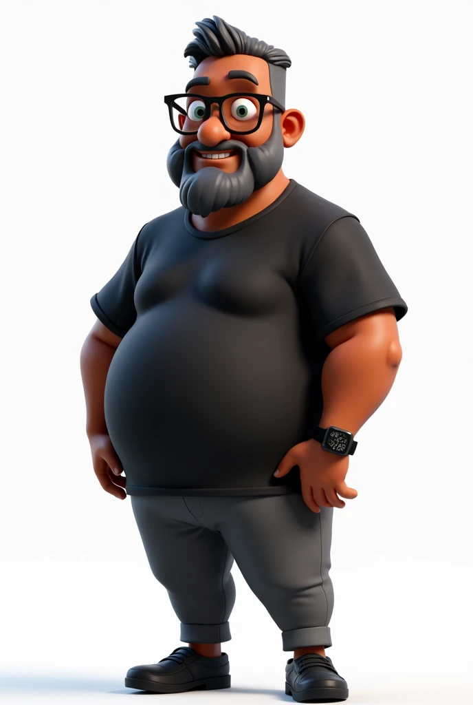Create a full-body stylized 3D cartoon character of a middle-aged black man'. The character should have exaggerated proportions, with the head occupying 70% the height of the image and the body that makes up the remaining 30% of the total height of the image, typical of a fun and playful cartoon style. Render the character in a style 'Pixar-like' ou '3D Cartoon', using the engines 'Arnold Maya' ou 'Keyshot Toon' to ensure high quality animation. Ensure your render includes detailed textures, a smooth, polished finish, and vibrant colors.
Create a full-body stylized 3D cartoon character of a middle-aged black man'. The character should have exaggerated proportions, with the head occupying 70% the height of the image and the body that makes up the remaining 30% of the total height of the image, typical of a fun and playful cartoon style. Render the character in a style 'Pixar-like' ou '3D Cartoon', using the engines 'Arnold Maya' ou 'Keyshot Toon' to ensure high quality animation. Ensure your render includes detailed textures, a smooth, polished finish, and vibrant colors.
The character must have a slightly overweight build, very short straight hair, with 50% black and 50% gray color ratio. Your beard should be trimmed and thin, with white hair on the chin and dark gray elsewhere. Skin tone should be dark brown with a warm undertone. He should have a friendly expression without smiling., and wear modern black reading glasses. Dress it up with an oversized black t-shirt and dark gray pants without a belt., along with black shoes. Add a black smartwatch to your wrist. Position the character with a confident posture, with your hands at your side. Use a transparent background to isolate the character, and ensure that the rendering is at the highest resolution possible.