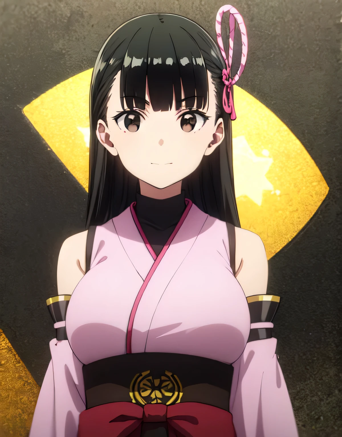 kasumi,long hair,black hair,ribbon,hair ribbon, bangs,blunt bangs,(brown eyes:1.5),detached sleeves,japanese clothes,bare shoulders,outdoors,smile,(large breasts:1.55),(shiny,hair),((solo)),((masterpiece)),((best quality)),perfect anatomy,slim waist,perfect image,8k UHD,(beautiful detailed eyes:1.5),extremely detailed face,standing,(upper body:1.25),(look at the front:1.5),arms behindback,ultra-detailed,absurdres,highres,