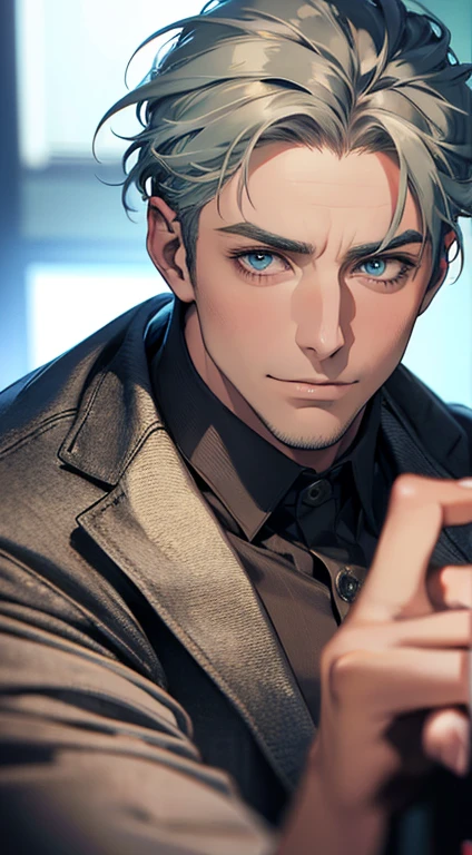 (best quality,4k,8k,highres,masterpiece:1.2),ultra-detailed,(realistic,photorealistic,photo-realistic:1.37),1 man,31 years old,mature man,very handsome,without expression,smile,short grey green hair,blue eyes,penetrating gaze,perfect face without errors,imposing posture,businessman,office background,cinematic lighting,hdr image