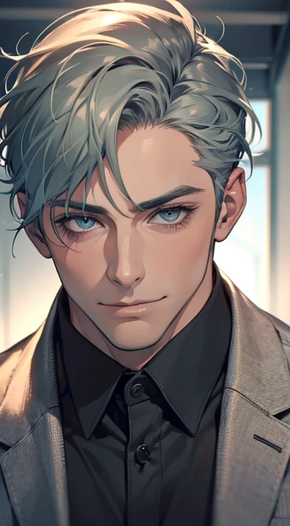 (best quality,4k,8k,highres,masterpiece:1.2),ultra-detailed,(realistic,photorealistic,photo-realistic:1.37),1 man,31 years old,mature man,very handsome,without expression,smile,short grey green hair,blue eyes,penetrating gaze,perfect face without errors,imposing posture,businessman,office background,cinematic lighting,hdr image