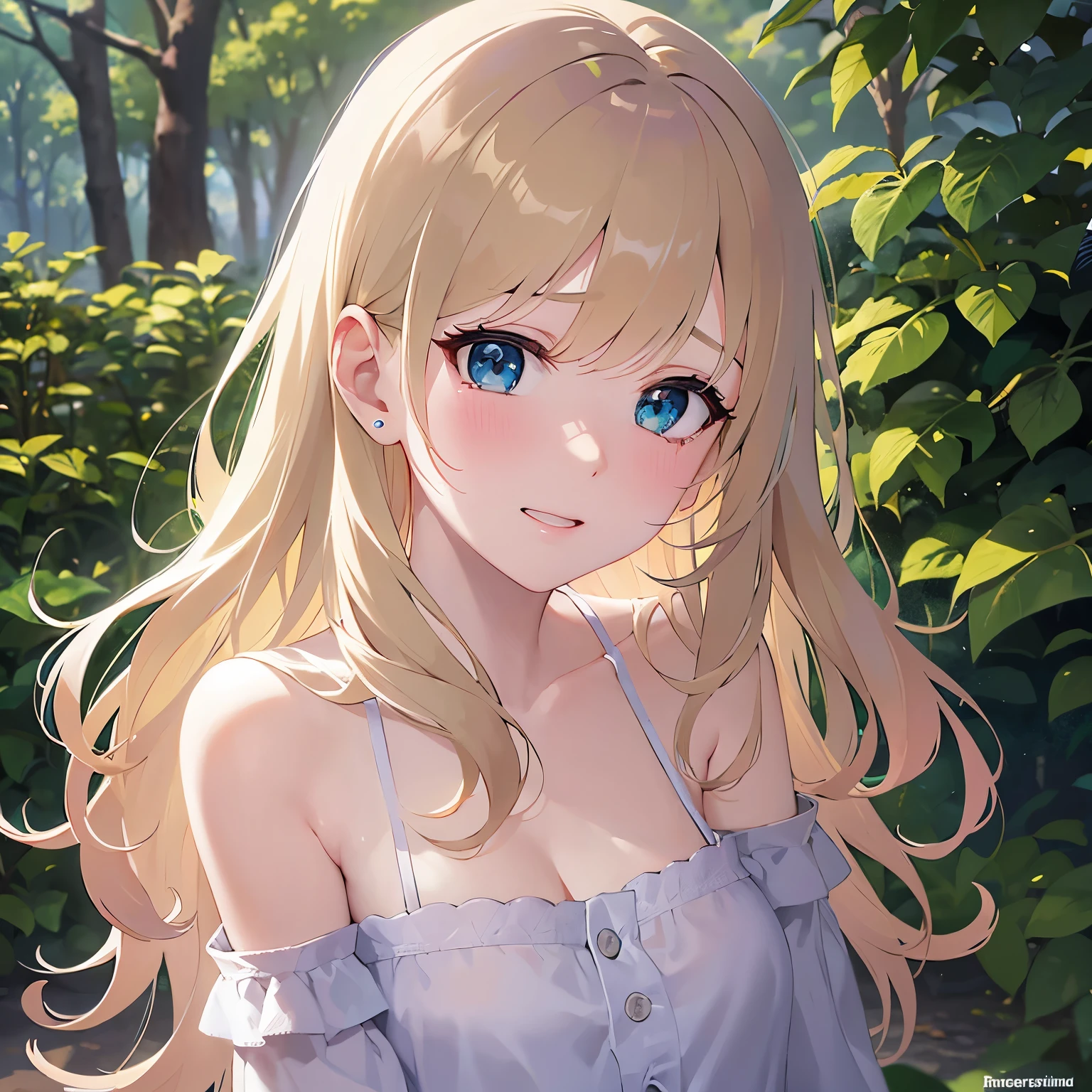hand up、Cleavage、Biologically correct five fingers、Upper Body, Realistic, real person, (pale skin: 1.2), RAW photo, photorealistic, shiny skin, shiny hair、(A 25-year-old woman with medium-length hair and bangs) and (wavy hair) and (Blonde Hair) and (green eyes) , BREAK (white) and (off shoulder blouse) BREAK 、 (embarrassed:1.5), open mouth, The background is a park、Alone、Are standing
