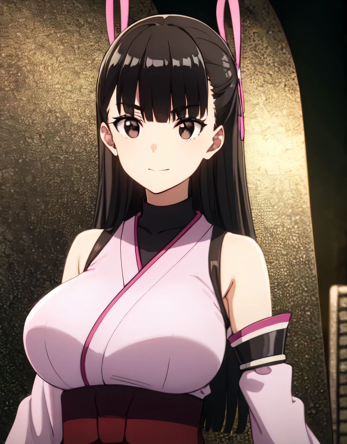 kasumi,long hair,black hair,ribbon,hair ribbon, bangs,blunt bangs,(brown eyes:1.5),detached sleeves,japanese clothes,bare shoulders,outdoors,smile,(large breasts:1.55),(shiny,hair),((solo)),((masterpiece)),((best quality)),perfect anatomy,slim waist,perfect image,8k UHD,(beautiful detailed eyes:1.5),extremely detailed face,standing,(upper body:1.25),(look at the front:1.5),arms behindback,ultra-detailed,absurdres,highres,