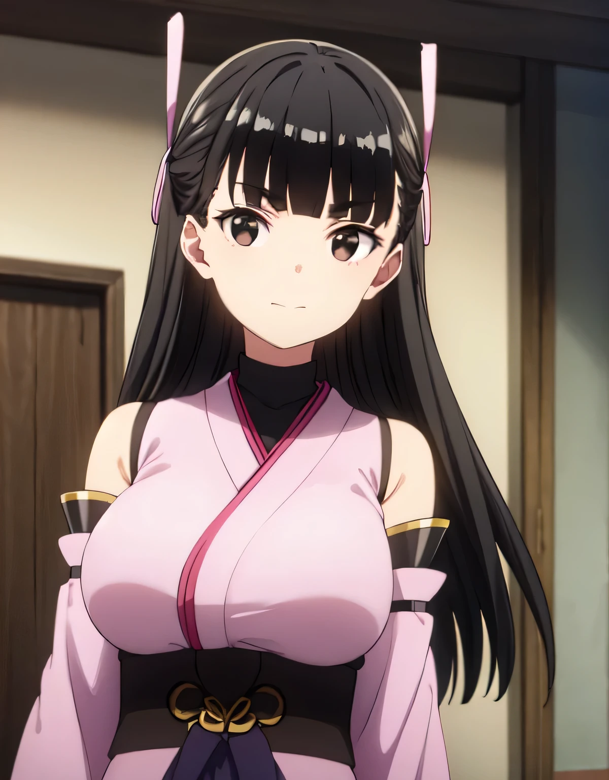 kasumi,long hair,black hair,ribbon,hair ribbon, bangs,blunt bangs,(brown eyes:1.5),detached sleeves,japanese clothes,bare shoulders,outdoors,smile,(large breasts:1.55),(shiny,hair),((solo)),((masterpiece)),((best quality)),perfect anatomy,slim waist,perfect image,8k UHD,(beautiful detailed eyes:1.5),extremely detailed face,standing,(upper body:1.25),(look at the front:1.5),arms behindback,ultra-detailed,absurdres,highres,