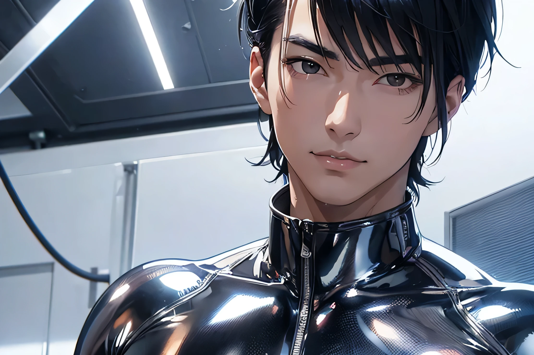 Handsome Japanese male models　　22 years old　smile　　　Black Hair　　Short cut　Short bangs　looking at the camera　　　　　Shiny full-body silver suit　　　Shiny silver latex suit　Mega Bulge　　looking at the camera　future world　　　　　Face close-up　Above the chest　　　Fierce