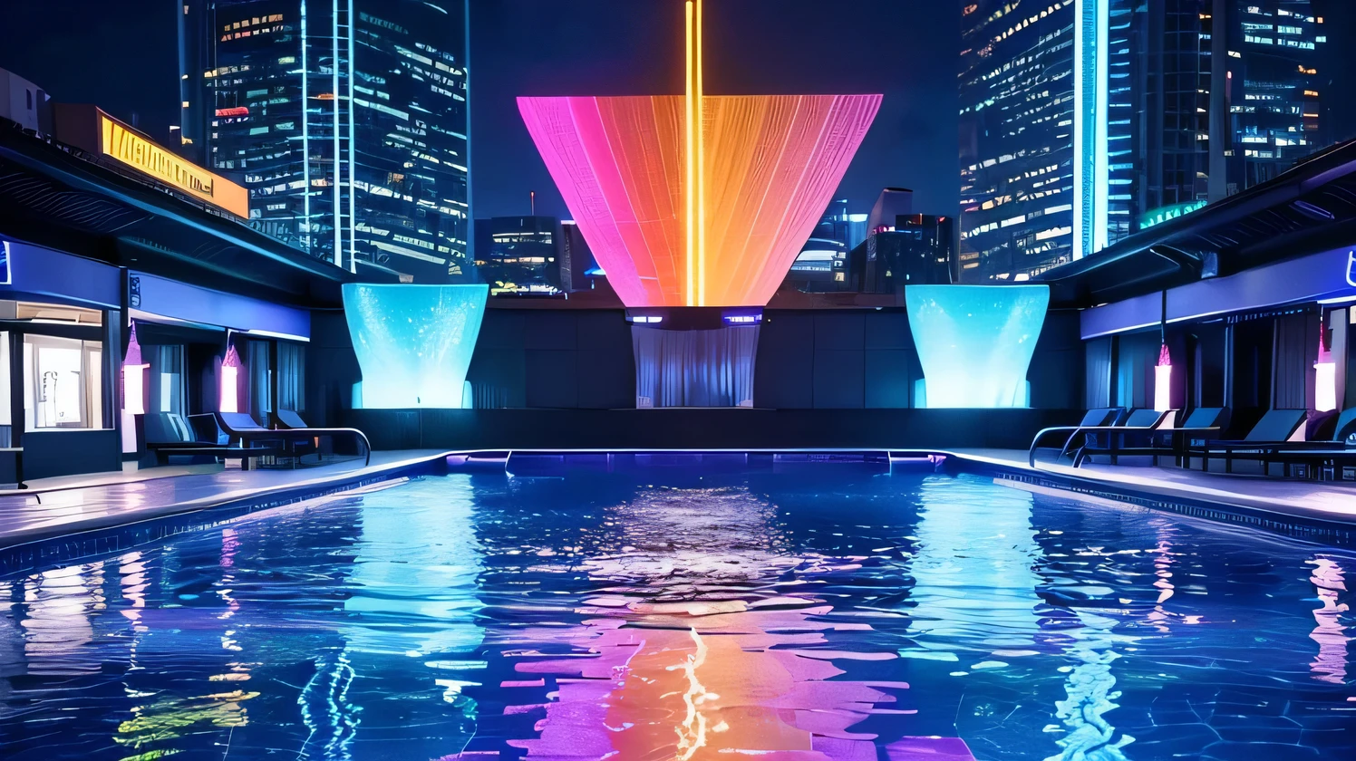 a beautiful detailed neon night pool, highly realistic, vibrant neon colors, glowing neon lights, hyper realistic, 8k, extremely detailed, photorealistic, masterpiece, high quality, detailed lighting, dramatic lighting, beautiful reflections, glossy surfaces, hyper detailed water, realistic water simulation, cinematic composition, dramatic atmosphere, striking color palette