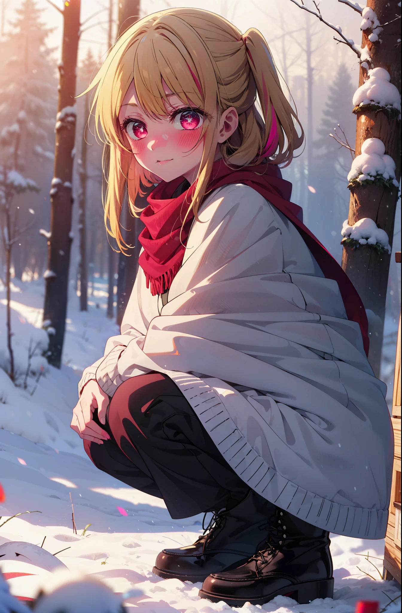 rubyhoshino, Hoshino Ruby, Long Hair, bangs, Blonde, (Pink Eyes:1.3), Side Lock, (Symbol-shaped pupil:1.5), Multicolored Hair, Two-tone hair, smile,,smile,blush,white breath,
Open your mouth,snow,Ground bonfire, Outdoor, boots, snowing, From the side, wood, suitcase, Cape, Blurred, , forest, White handbag, nature, Squat, Mouth closed, Cape, winter, Written boundary depth, Black shoes, red Cape break looking at viewer, Upper Body, whole body, break Outdoor, forest, nature, break (masterpiece:1.2), Highest quality, High resolution, unity 8k wallpaper, (shape:0.8), (Beautiful and beautiful eyes:1.6), Highly detailed face, Perfect lighting, Highly detailed CG, (Perfect hands, Perfect Anatomy),