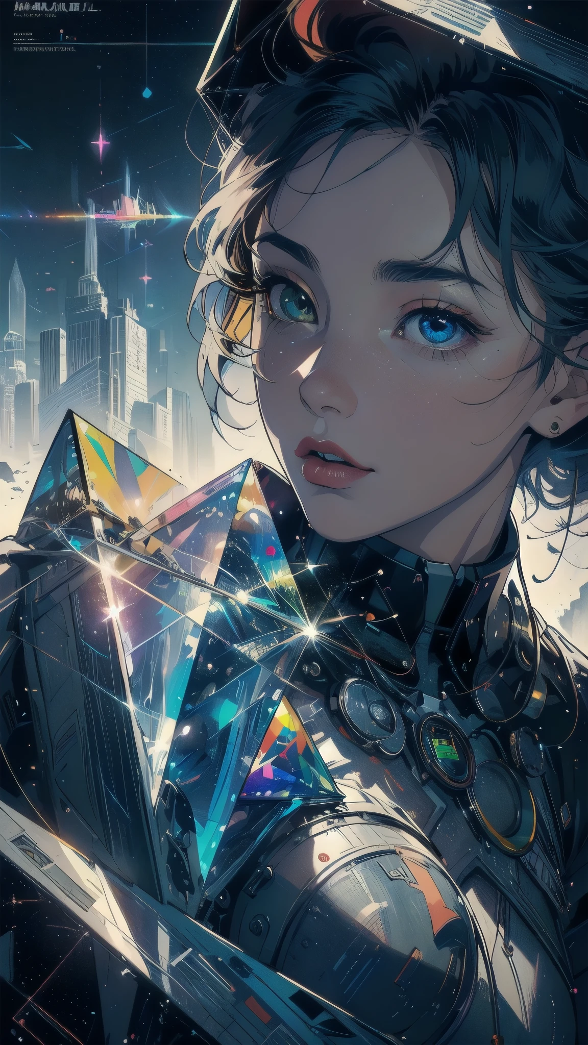 (((masterpiece, highest quality))),(((solo:1.2))),(((1girl:1.2))),32k wallpaper, very detailed, poster, vintage science fiction,(((((geometric cinematic movie poster))))), (bauhaus), shape,(((abstract))),(mid century modern),movie poster,(((((portfolio))))),(((((Close-up))))),(((((bust up))))),((((more various angle)))),(((highlight))),Vast landscape,((((heterochromia)))),(((complete. detailed face))),(((Extremely talented))),(((most complecated machine))),((Overall colorfully)),(((((Absolutely no background))))),(((phenomenon))),(prism)