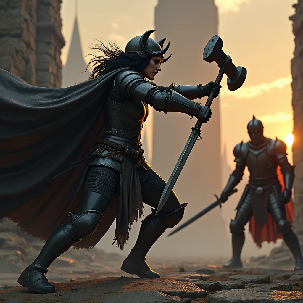 a strong and muscular medieval lady in battle. with pale skin, medium length black hair. she has sharp fangs in her mouth, her mouth in a scowl. she has short horns on her head, and a scar across her mouth. she is wearing slightly battle-worn black medieval heavy armor and black boots, with a large black gothic circular helmet on her head. she is mid-swing with an extremely large war-hammer fighting against a knight. They are fighting in ruins at sunset