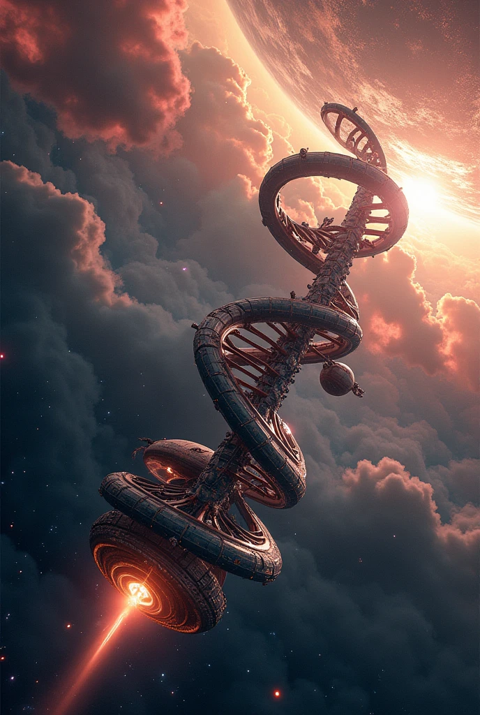 A spiral-shaped spacecraft, like a DNA chain, is flying through interstellar space through a nebula.. The mechanisms have been detailed, stars and planets are detailed. The ship is several tens of kilometers long. Against the backdrop, a giant, unknown organism-mechanism is watching him