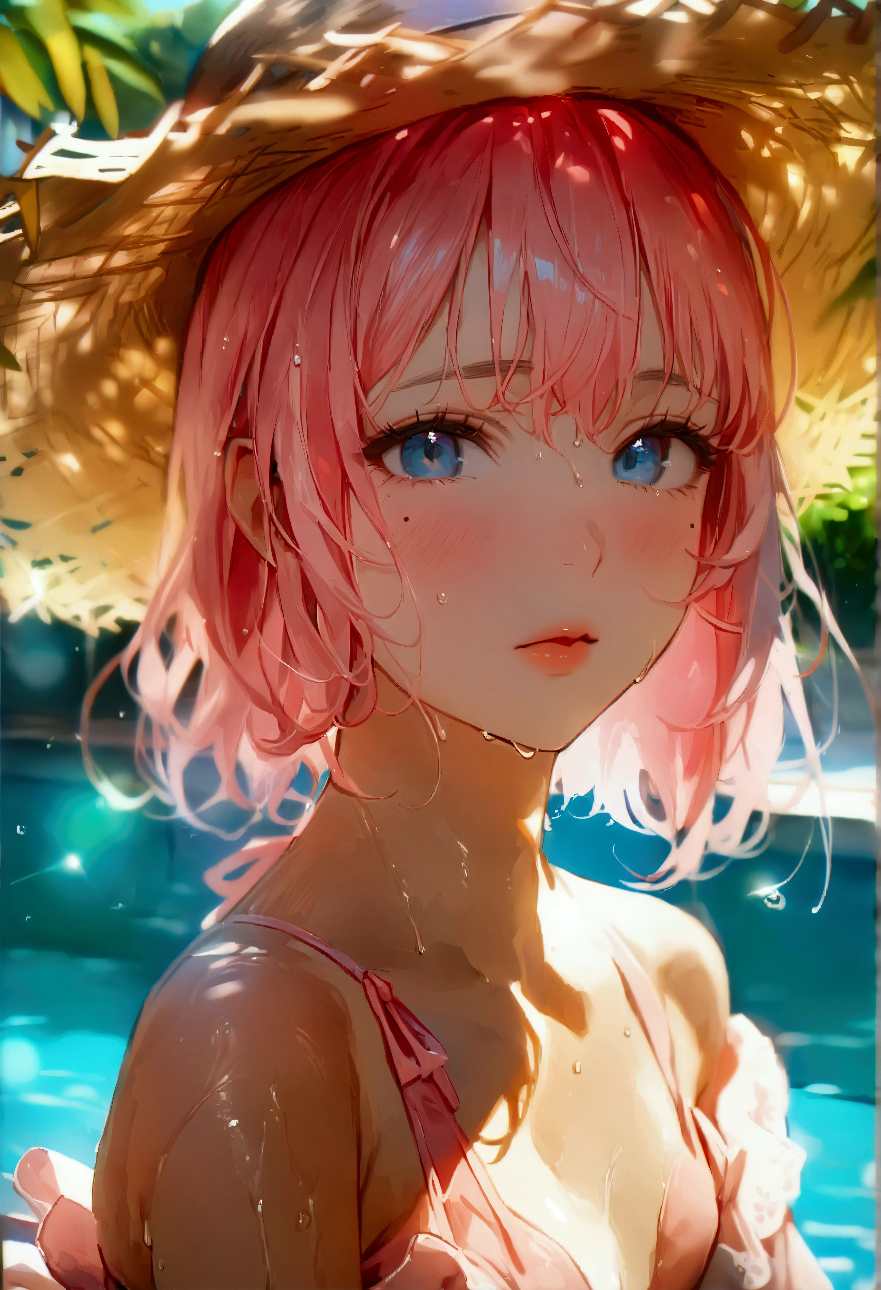 (1 girl),(Best Picture Quality, 8K, Masterpiece:1.3), (18year:1.5), ((pink lob hair:1.1)), (bob cut),(swept bangs), (cute eyes, pupil black, iris skyblue, youthful face), (mole under right eye), (standard weight), (small breasts), (glistening skin:1.1),(pale skin:1.2), (poolside), ((off shoulder lace up pink dress)),((straw hat)),(wet:1.1).