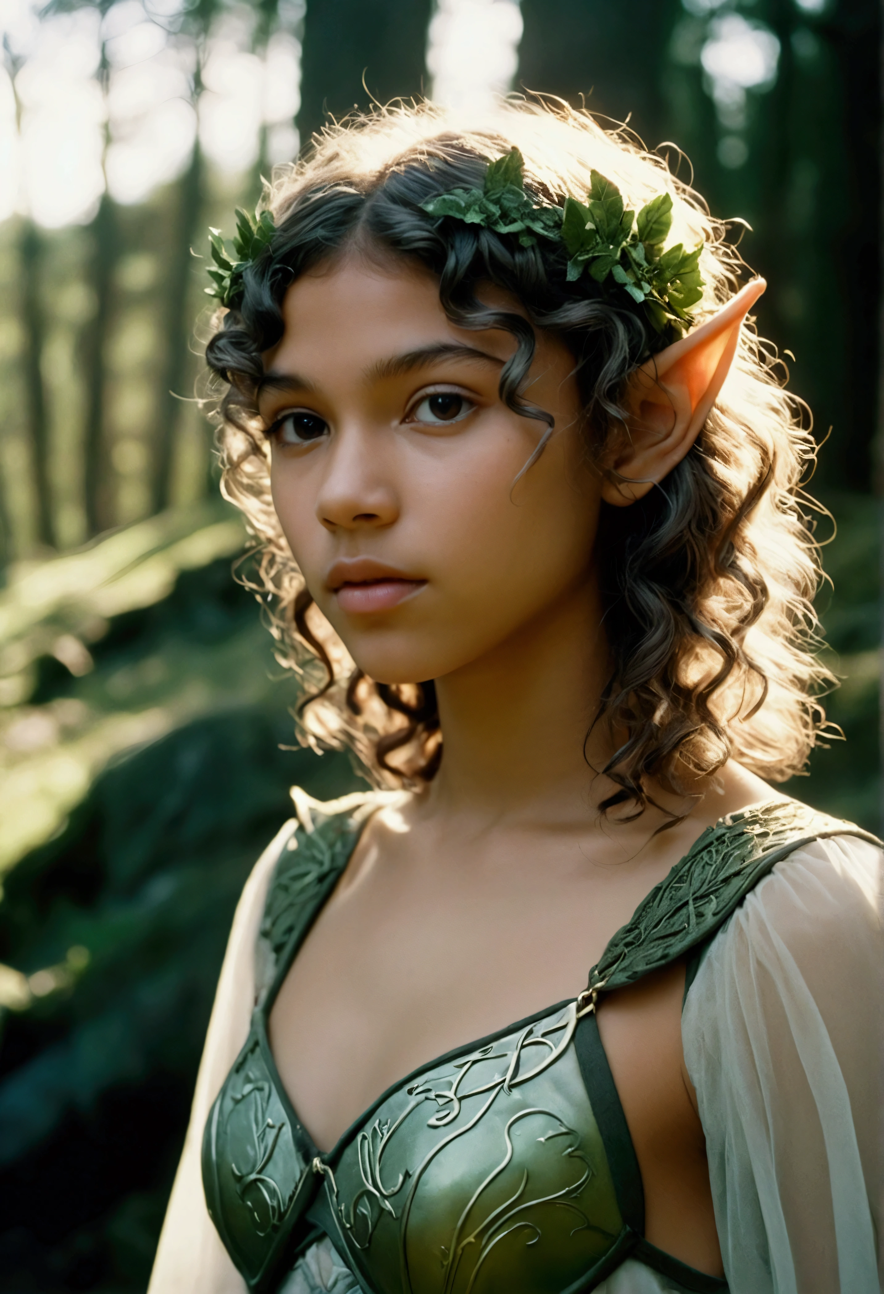 analog film photo, photo of a young elven girl, 18 years old, elf ears, curly bob cut, wearing elven lingerie, resembles Zendaya, strolling through a fantasy landscape, RAW Photograph, dslr, soft lighting, high quality, film grain, Fujifilm XT3, detailed skin with visible pores, insane details, masterpiece, 8k, 35mm photograph, dslr, kodachrome, faded film, desaturated, grainy, vintage, Lomography, stained, highly detailed, found footage, close-up shot, elven ears
