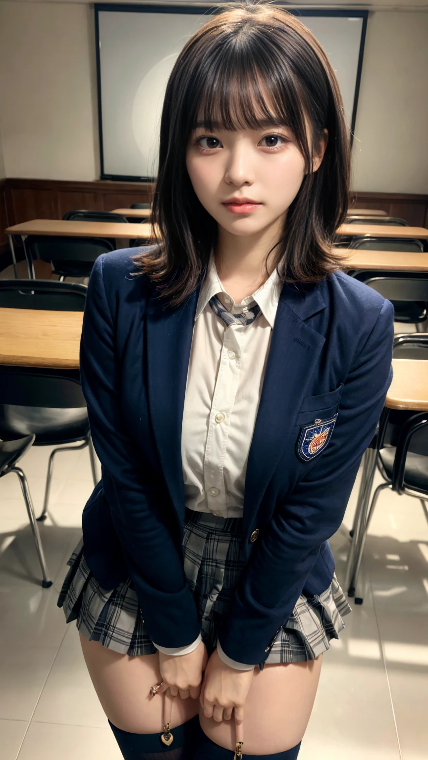 masterpiece, best quality, illustration, Super detailed, fine details, High resolution, 8K,wall paper, perfect dynamic composition,(Details High quality, realistic depiction of eyes:1.3), (wavy hair:1.2), High School Classroom、High school girl uniform、blazer 、Super Short Check Uniform Skirt、Navy blue high socks、garterbelts、Colossal tits、Disturbed uniform, short bob hair, black hair color, large breasts, Big Natural Color Lip, bold sexy pose, (perfect body shape), crying a little、Harajuku style、20 year old girl、cute type, beautiful legs, hposing Gravure Idol, Voluptuous thighs, Accurate anatomy、Ultra-high definition beauty face、Ultra HD Hair、Ultra HD The Shining Eyes、The Shining, Super high quality beautiful skin、Super high quality glossy lip