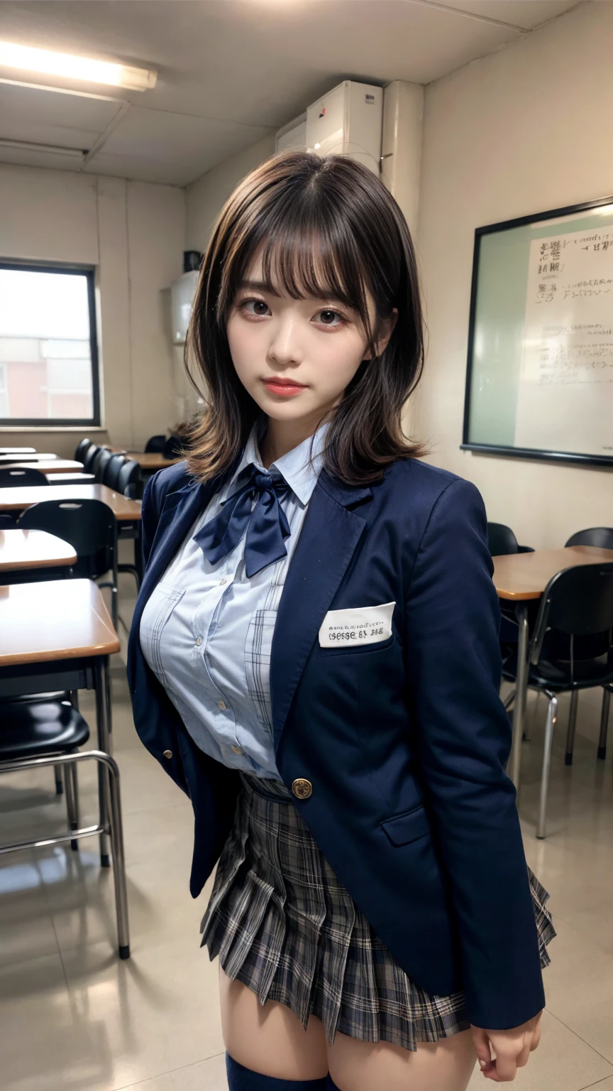masterpiece, best quality, illustration, Super detailed, fine details, High resolution, 8K,wall paper, perfect dynamic composition,(Details High quality, realistic depiction of eyes:1.3), (wavy hair:1.2), High School Classroom、High school girl uniform、blazer 、Super Short Check Uniform Skirt、Navy blue high socks、garterbelts、Colossal tits、Disturbed uniform, short bob hair, black hair color, large breasts, Big Natural Color Lip, bold sexy pose, (perfect body shape), crying a little、Harajuku style、20 year old girl、cute type, beautiful legs, hposing Gravure Idol, Voluptuous thighs, Accurate anatomy、Ultra-high definition beauty face、Ultra HD Hair、Ultra HD The Shining Eyes、The Shining, Super high quality beautiful skin、Super high quality glossy lip