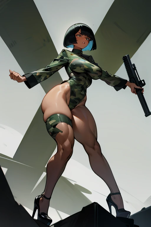  thick hips,  thick thighs, platform  heels, high cut leotard, huge breast, thin waist, bob cut hair, weapon, dark skin, gun, angry look, military camouflage, scream, thick body, muscle, 
