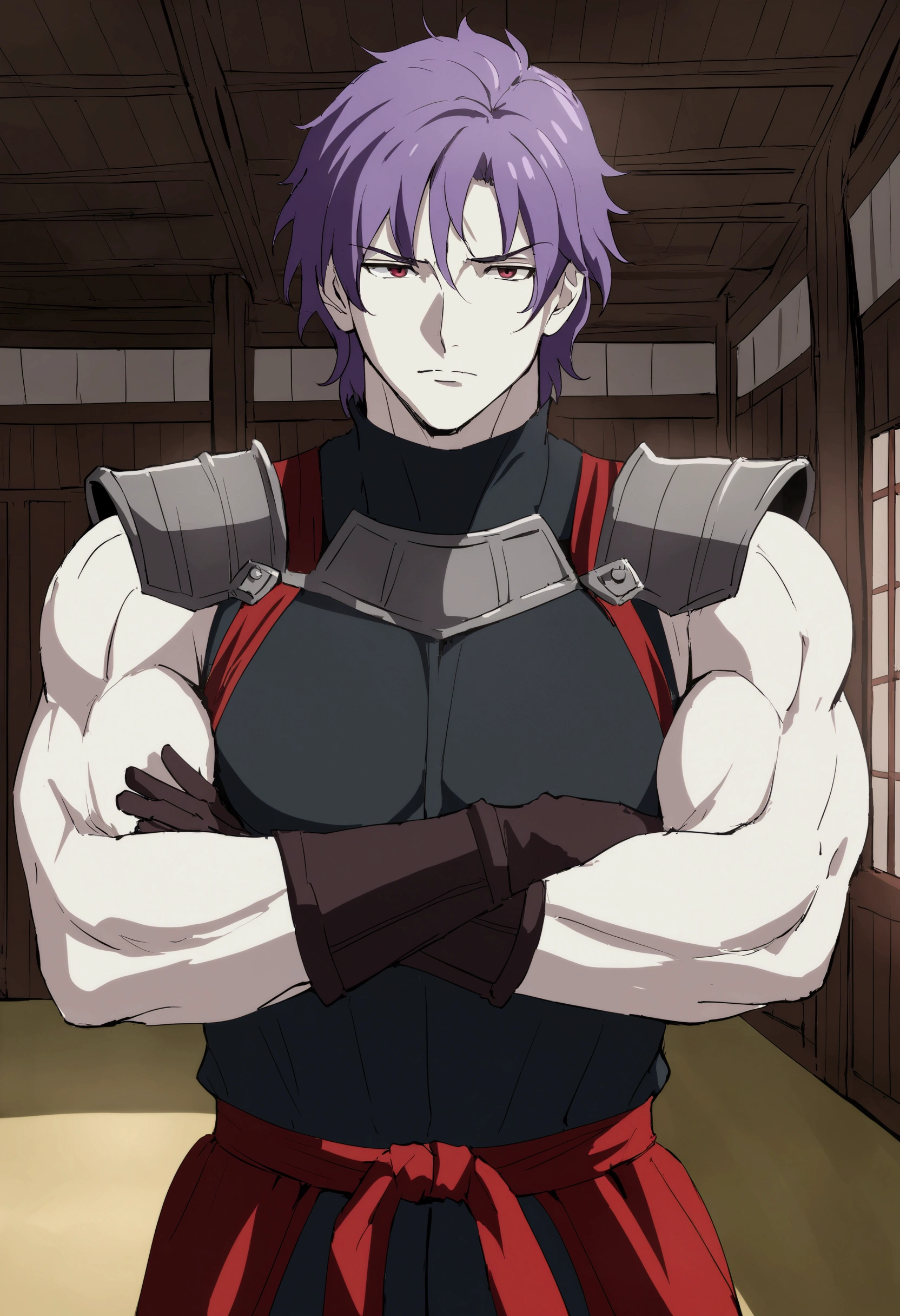 {{upper body, dutch angle}} {{Artist: sincos}} 1boy, mature male, muscular, purple hair, short hair, maroon eyes, pale skin, tight black ninja outfit, red trimming, sleeveless, red belt, sleeveless gloves, shoulder armor, light chest armor, sheathed sword, ninja mask on, indoors, training room, standing, arms folded, pov, medieval fantasy.