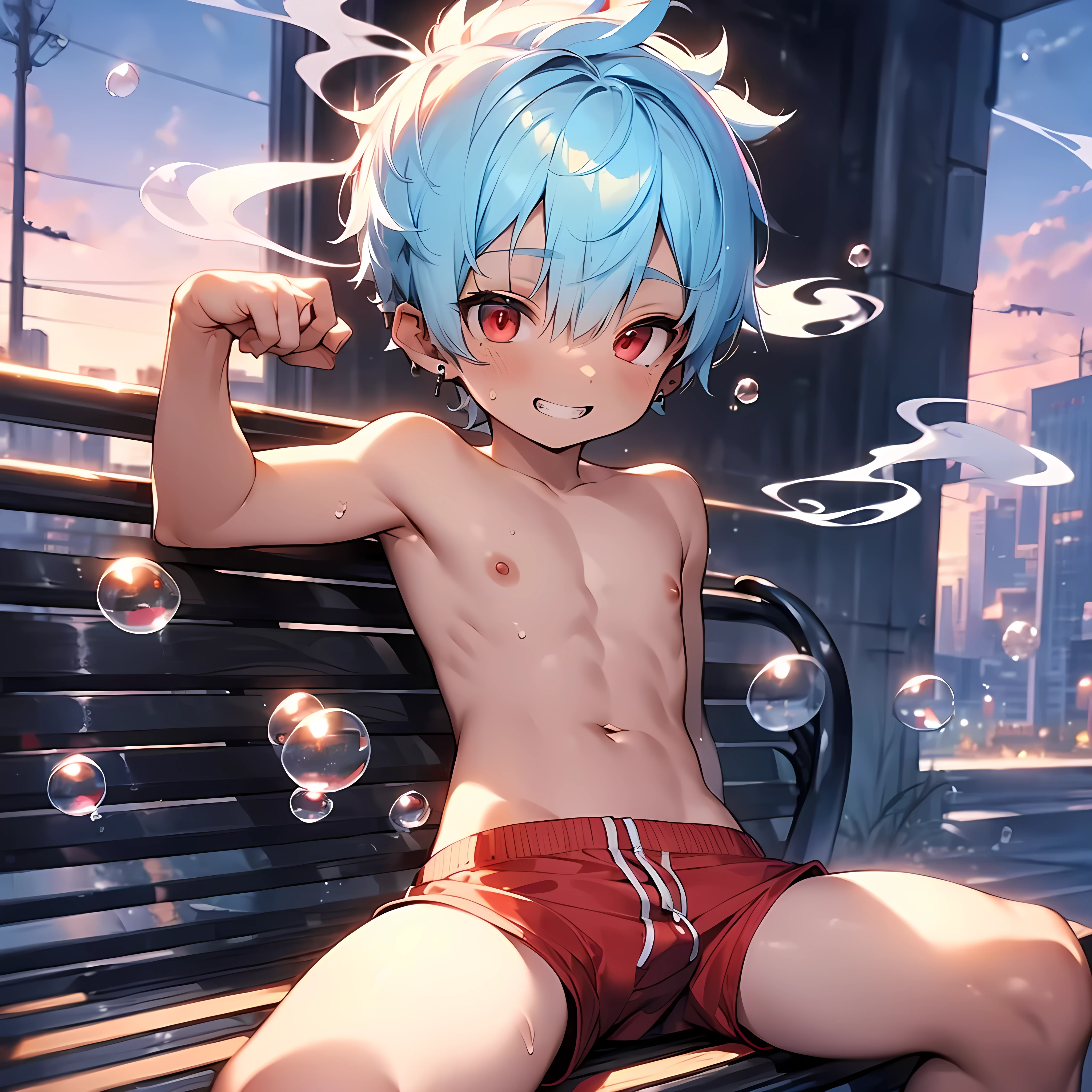 (solo:2), (boldline:-1.8), (smoke:1.6), (((bubble))), (finger around mouth:1.3), (sitting on bench:1.5), (spread legs:1.5), (((fang))), (((best finger))), (((best hands))), (((best arms))), (((best legs))), BREAK (best quality:1.5), (absolutely resolution:1.5), (ultra detailed:1.5), (masterpiece:1.5), (perfect face), (detailed face), (detailed eyes), (best eyes), (cute face), (shota:2), BREAK (topless:1.5), BREAK (red short pants:1.5), (bulge:1.6), (skinny:1.3), (spiked hair), BREAK (light blue hair:1.5), (wine red eyes:1.4), (eyes with highlight:1.6), ((mole under eye)), (sweaty skin), (light skin), (grin:1.5), ((earrings)), (shiny skin:1.3), BREAK (garden), (building:1.5), (at twilight:1.5), ((wind blowing)), ((nipple)), (abs), (groin),