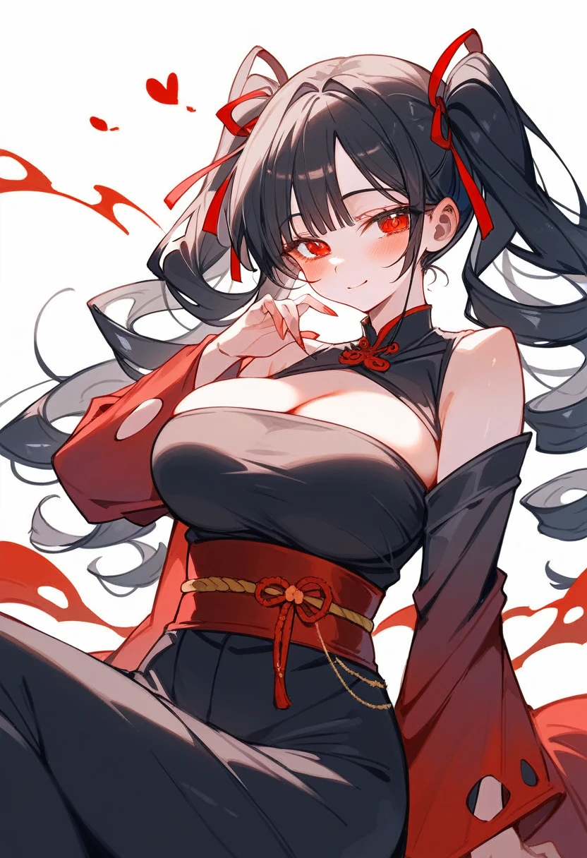 ((highest quality)), ((masterpiece)), (be familiar with),One female,Black Hair,Red eyes,Black Dress,Chest tattoo, Bewitching Smile,Heel,Black Hair,Hair tied around the neck,Red shawl,Erect nipples