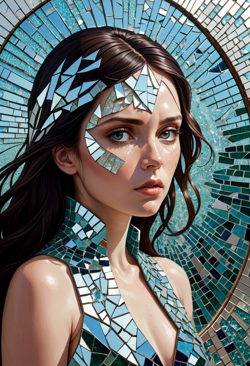 A mosaic of shattered mirrors reflects fractured identities, exploring the complexities of self-perception.