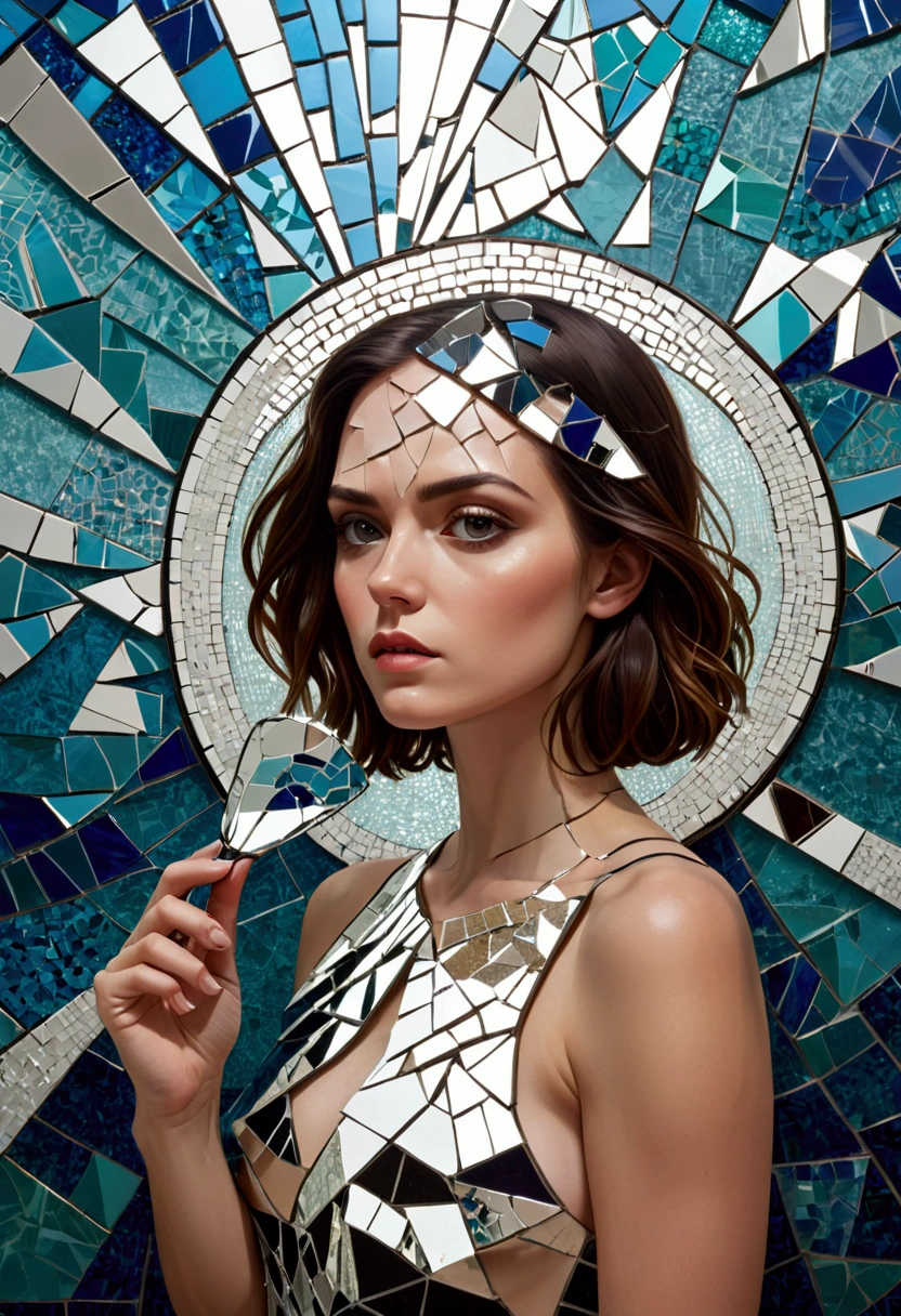 A mosaic of shattered mirrors reflects fractured identities, exploring the complexities of self-perception.