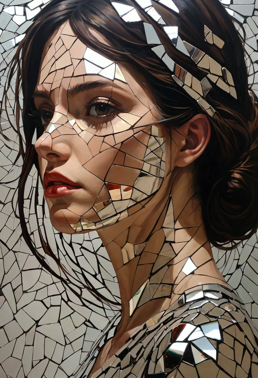 A mosaic of shattered mirrors reflects fractured identities, exploring the complexities of self-perception.