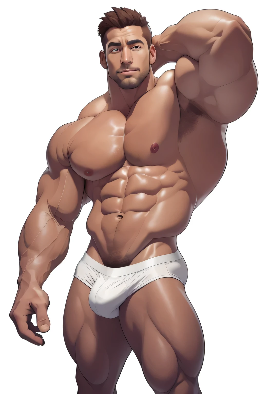 masterpiece, handsome , clear face, clear eyes, best quality, muscular, bara, shirtless, mature male ,brown anime hair, large pectorals, huge arms and hands, thick eye browse, white speedo,wearing revealing sailor outfit, cropped feet, white background